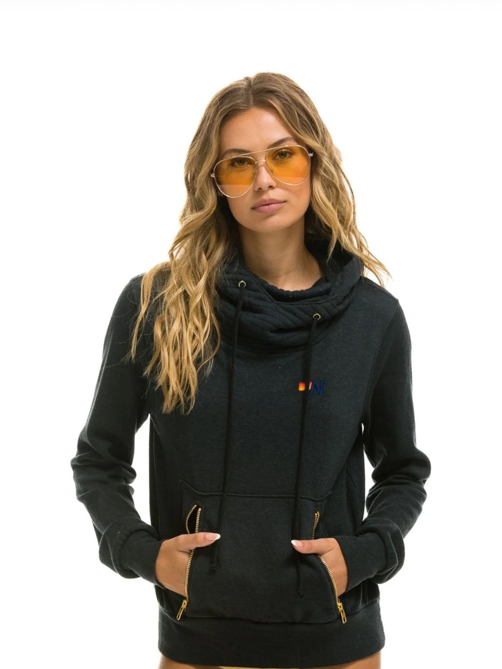 Aviator Nation Ninja Pullover Hoodie Charcoal Gold Zip Pockets